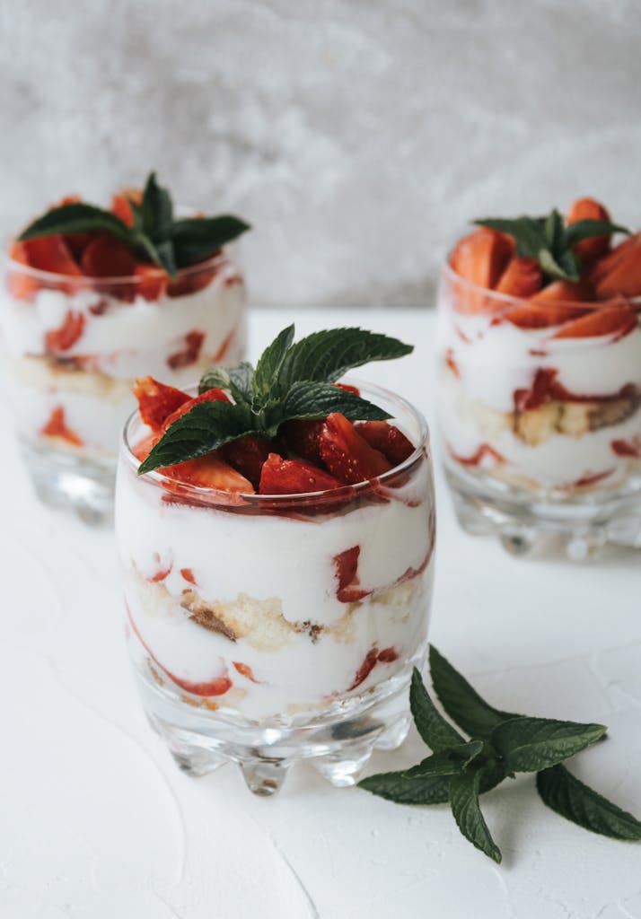 Clear Glasses With Fresh Strawberry and Ice Cream